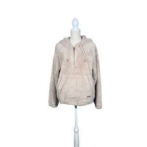 BillaBong Hoodie Women’s Large Tan 1/4 Zip Jacket Fuzzy Pocket Logo Cozy